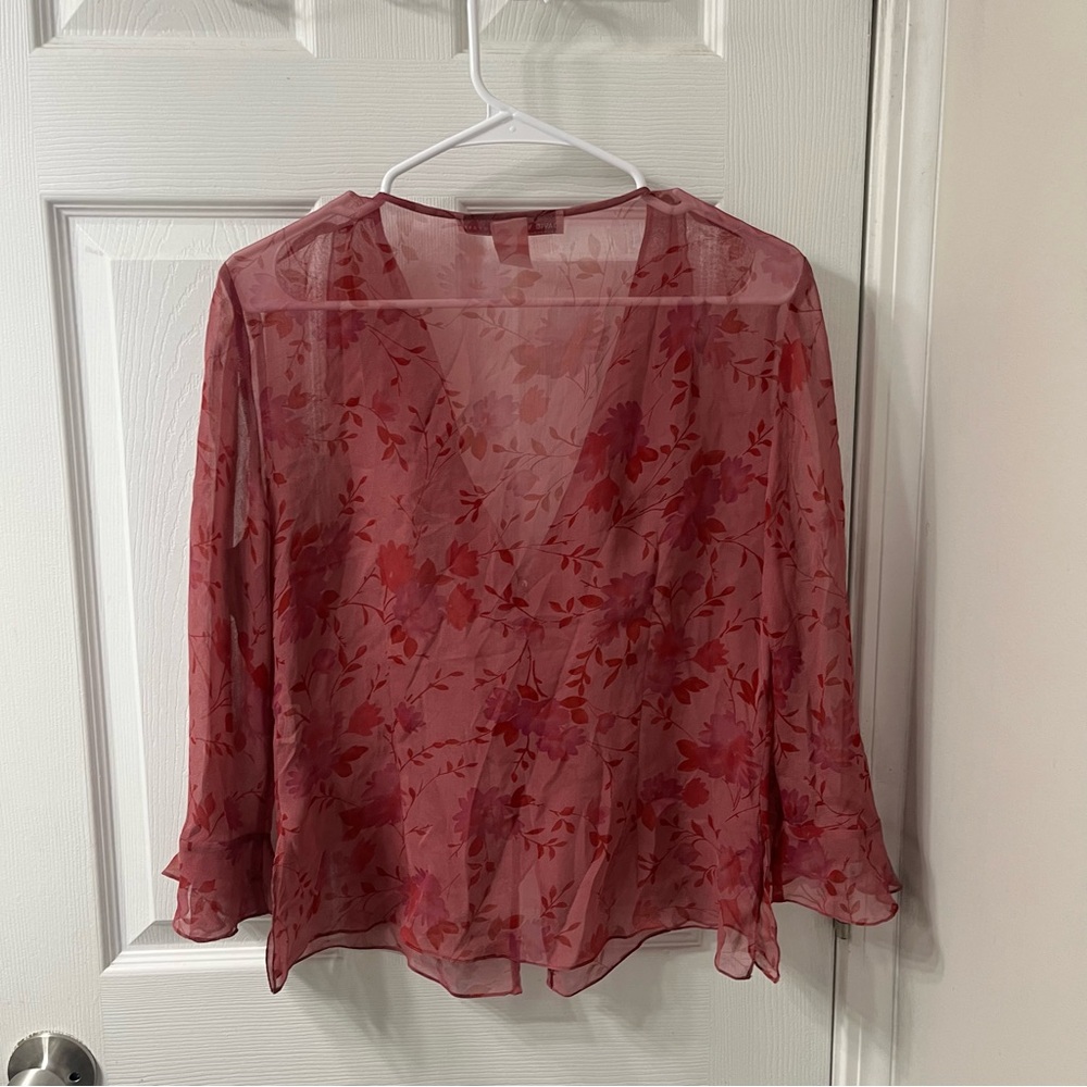 Burgundy red vintage style silk floral midi dress and cardigan - Picture 6 of 9